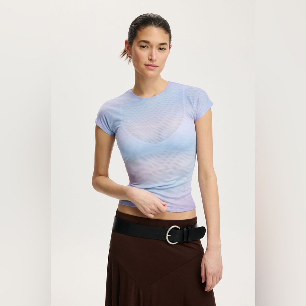 New Cotton On Asha Blue Purple Mesh Short Sleeve Top in Radial Linear